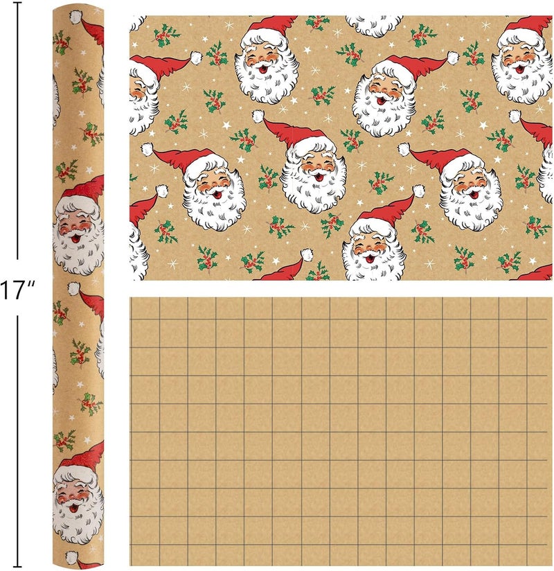 Merture Kraft Christmas Wrapping Paper Roll, Brown Gift Wrap Paper with Cute Happy Santa Claus for Christmas Birthday Festival Party - Mini Roll - 17 In X 32.8 Ft (46.5 sqft) - Image 3